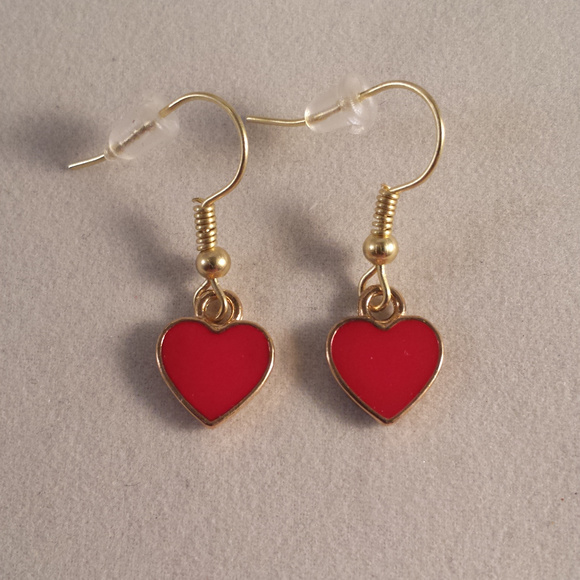 Kristy's Jewels Jewelry - Gold Red Love Heart Earrings Hypoallergenic Hooks!